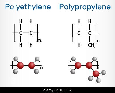 Polypropylene (PP, polypropene) and polyethylene (polythene, PE, polyethene) molecule. Structural chemical formula and molecule model of polymers. Vec Stock Vector