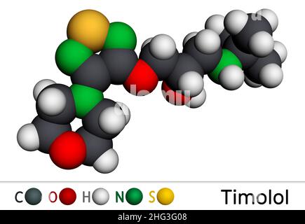 Timolol, molecule. It is non-selective beta blocker medication for treatment of elevated intraocular pressure in ocular hypertension or glaucoma. Mole Stock Photo