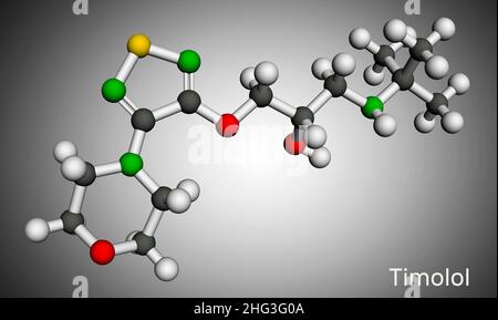 Timolol, molecule. It is non-selective beta blocker medication for treatment of elevated intraocular pressure in ocular hypertension or glaucoma. Mole Stock Photo