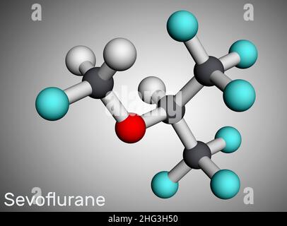 Sevoflurane, fluoromethyl molecule. It is inhalation anaesthetic, used for the general anesthesia. Molecular model. 3D rendering. Illustration Stock Photo