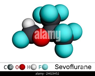 Sevoflurane, fluoromethyl molecule. It is inhalation anaesthetic, used for the general anesthesia. Molecular model. 3D rendering. Illustration Stock Photo