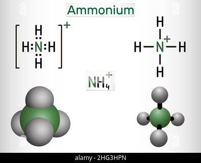 Ammonium cation, azanium molecule. It is positively charged polyatomic ion. Structural chemical formula and molecule model. Vector illustration Stock Vector