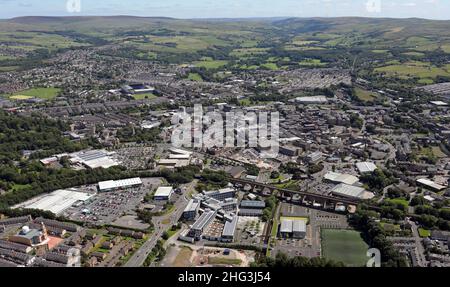 aerial view looking South towards Burnley town centre skyline, Lancashire Stock Photo