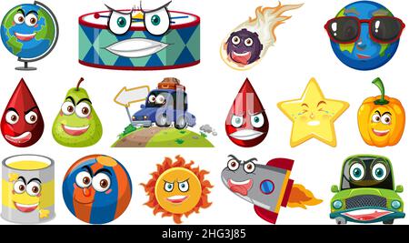 Set of different toy objects with smiley faces illustration Stock Vector