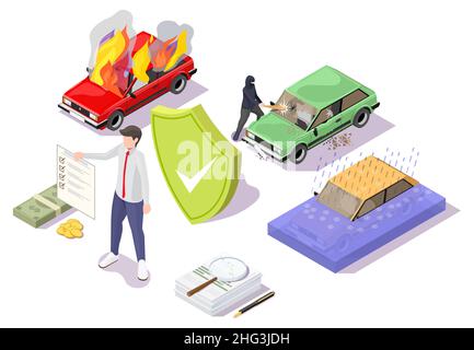 Insurance agent, protection shield against car damages, vector isometric illustration. Car insurance policy, coverage. Stock Vector