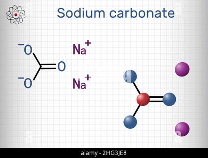 Sodium carbonate, Na2CO3, natrium carbonate, washing soda, soda ash molecule. It is disodium salt of carbonic acid, is organic sodium salt, carbonate Stock Vector