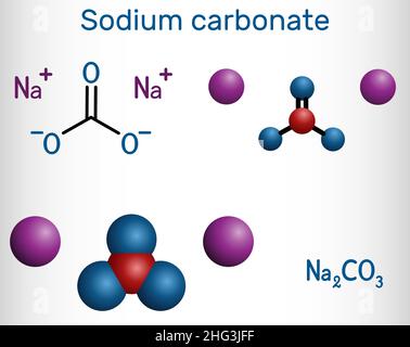 Sodium carbonate, Na2CO3, natrium carbonate, washing soda, soda ash molecule. It is disodium salt of carbonic acid, is organic sodium salt, carbonate Stock Vector