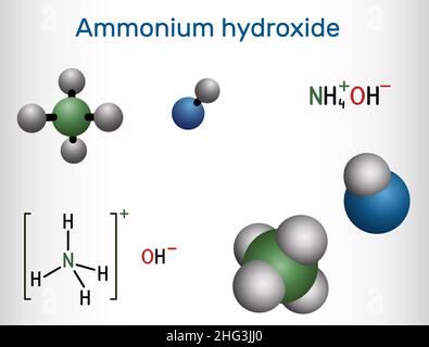 Ammonium hydroxide, ammonia solution, NH4OH molecule. Structural chemical formula and molecule model. Vector illustration Stock Vector