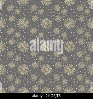 Winter vector gray and golden background with small and big snowflakes. Seamless abstract background. Pattern with different snowflakes Stock Vector