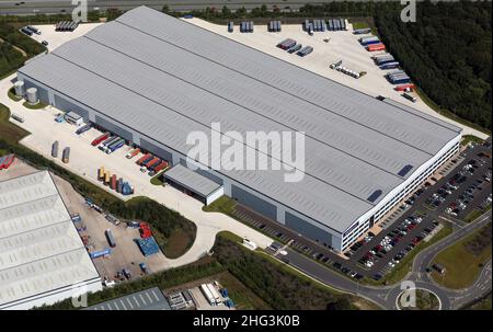 aerial view of the former Poundworld dsitribution centre unit now occupied by The Range at Castleford, West Yorkshire Stock Photo