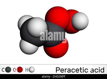 Peracetic acid, peroxyacetic acid, PAA, organic peroxide molecule. Bactericide, fungicide, disinfectant, antimicrobial agent, polymerization catalyst. Stock Photo