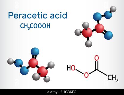 Peracetic acid, peroxyacetic acid, PAA, organic peroxide molecule. Bactericide, fungicide, disinfectant, antimicrobial agent, polymerization catalyst. Stock Vector