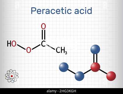 Peracetic acid, peroxyacetic acid, PAA, organic peroxide molecule. Bactericide, fungicide, disinfectant, antimicrobial agent, polymerization catalyst. Stock Vector