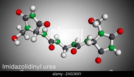 Imidazolidinyl urea, imidurea molecule. It is antimicrobial preservative used in cosmetics, formaldehyde releaser. Molecular model. 3D rendering. Illu Stock Photo