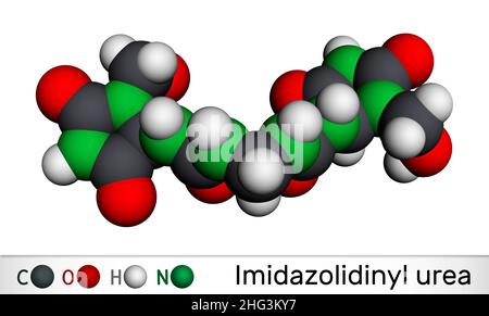 Imidazolidinyl urea, imidurea molecule. It is antimicrobial preservative used in cosmetics, formaldehyde releaser. Molecular model. 3D rendering. Illu Stock Photo