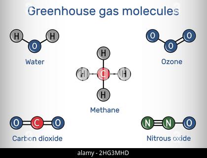 Greenhouse gas molecules. Water, carbon dioxide, methane, nitrous oxide, ozone. Structural chemical formula and molecule model. Vector illustration Stock Vector