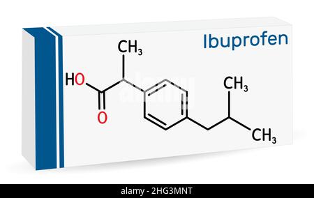 Ibuprofen molecule, is a nonsteroidal anti-inflammatory drug NSAID drug. Skeletal chemical formula. Paper packaging for drugs. Vector illustration Stock Vector