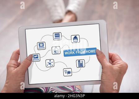 Work from home concept shown on a tablet held by a woman Stock Photo