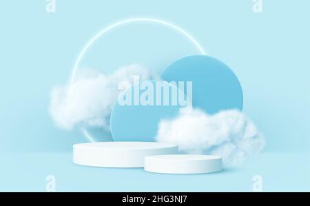 3d realistic podium product and smoke clouds. Blue and white 3d render scene with product podium display and clouds. Vector illustration Stock Vector