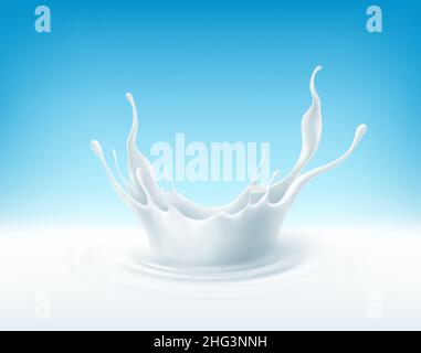 Crown splash of liquid cream. Realistic 3d render Splash of white liquid, flow of creamy texture, splash of milk. Vector illustration Stock Vector
