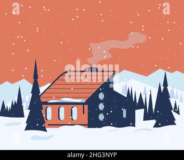 Hut in winter forest illustration Stock Vector