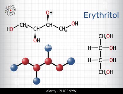 Erythritol molecule. It is sugar alcohol or polyol, food additive, sugar substitute, E968. Structural chemical formula, molecule model. Sheet of paper Stock Vector