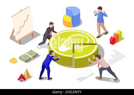 Business team making light bulb pie chart together, vector isometric illustration. Team work, cooperation, partnership. Stock Vector