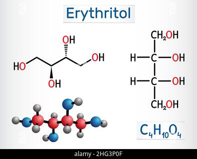 Erythritol molecule. It is sugar alcohol or polyol, food additive, sugar substitute, E968, Is found in algae, fungi, lichens. Structural chemical form Stock Vector