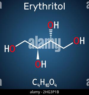 Erythritol molecule. It is sugar alcohol or polyol, food additive, sugar substitute, E968, Is found in algae, fungi, lichens. Structural chemical form Stock Vector