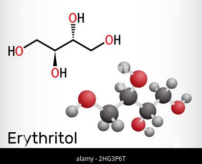 Erythritol molecule. It is sugar alcohol or polyol, food additive, sugar substitute, E968, Is found in algae, fungi, lichens. Structural chemical form Stock Vector