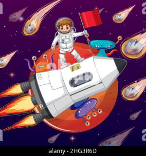 Outer space scene with astonaut standing on spaceship  illustration Stock Vector