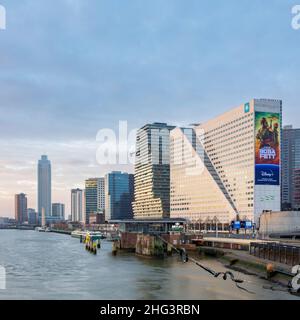 The Willemswerf office building on the shore of the Nieuwe Maas, with on the background the Zalmhaventoren ( Zalmhaven Tower), Rotterdam, The Netherla