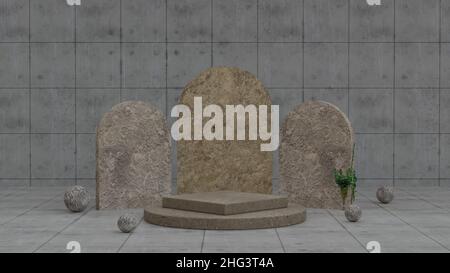 Abstract empty mockup stone podium with ivy vine plant on concrete background 3D rendering illustration Stock Photo