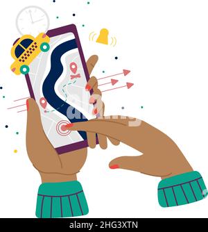 Hand touching screen. Mobile drive app, online taxi service. Search road, smartphone games and applications. Web map and car, decent vector concept Stock Vector