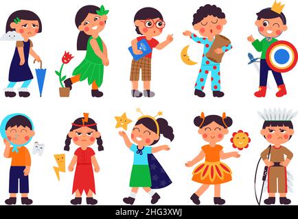 Cartoon emotional children. Different emotion kids, cheeky disgust child with kawaii friends. Indian baby, fairy tale characters. Fantasy decent Stock Vector