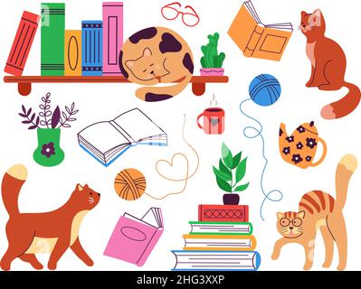 Books and cats. Study cat and book piles, bookstore hygge elements. Read or storytelling, cozy home library bookshelves. Study decent vector elements Stock Vector