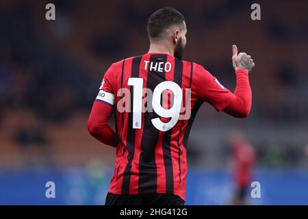 Theo Hernandez of Ac Milan  gestures during the Serie A match between Ac Milan and Spezia Calcio at Stadio Giuseppe Meazza on January 17, 2022 in Milan, Italy. Stock Photo