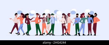Crowd people talking. Social connection of characters teamwork speaks interesting group conversation garish vector concept background Stock Vector