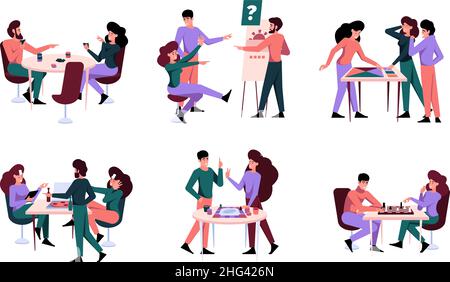 Board games. Happy couple big team pensioner adults playing at home latto cards poker gaming dice chess garish vector lifestyle concept pictures Stock Vector