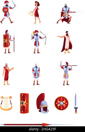 Ancient items. Greek helmets weapons papirus golden cup columns rome characters medieval writers garish vector historical collection Stock Vector