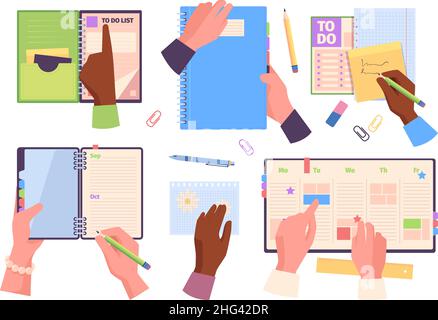 Hands on planners. People holding diary sketchbooks papers garish vector pages template top view Stock Vector