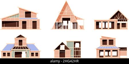 Construction stages. Building cottages exterior house foundation processes wooden roofing garish vector flat illustrations Stock Vector