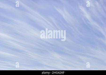 White cirrus clouds on the background gentle blue sky. Stock Photo