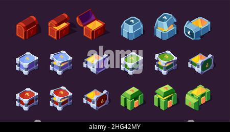 Boxes 3d. Steel and wooden chest cardboard containers for surprise garish vector isometric boxes in cartoon style Stock Vector