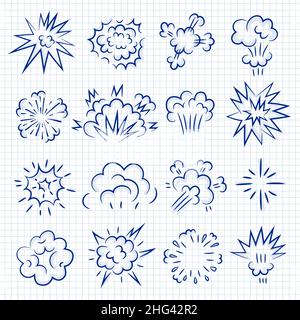 Explosion sketched. Surprise line decoration doodle pictures frame linear shapes design elements recent vector stylized set Stock Vector