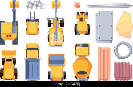 Heavy cars top view. Yellow excavation trucks for builders bulldozer tractor vehicles for construction buildings diggers garish vector pictures set Stock Vector
