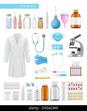 Medical items. Accessory for doctors clothes ampoules syringes dressing gown microscope vitamins bottles of medicines decent vector realistic set Stock Vector