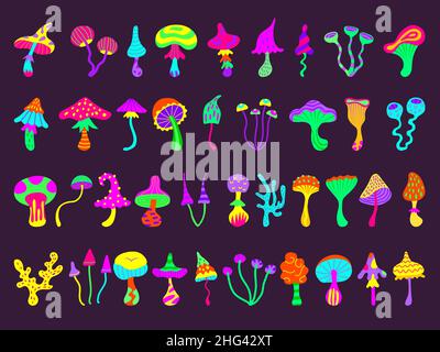 Toxic mushroom. Unhealthy botanical poisonous toxic food colorful neon fairytale forest psychedelic mushrooms recent vector set Stock Vector
