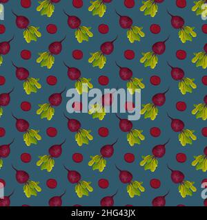 Seamless pattern with beet. Print of healthy vegetables, half and green leaves of tops on blue background. Vector flat illustration Stock Vector