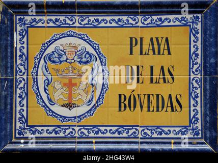 Playa de las Bóvedas ceramic tile sign, in Cartagena de Indias, Colombia Stock Photo